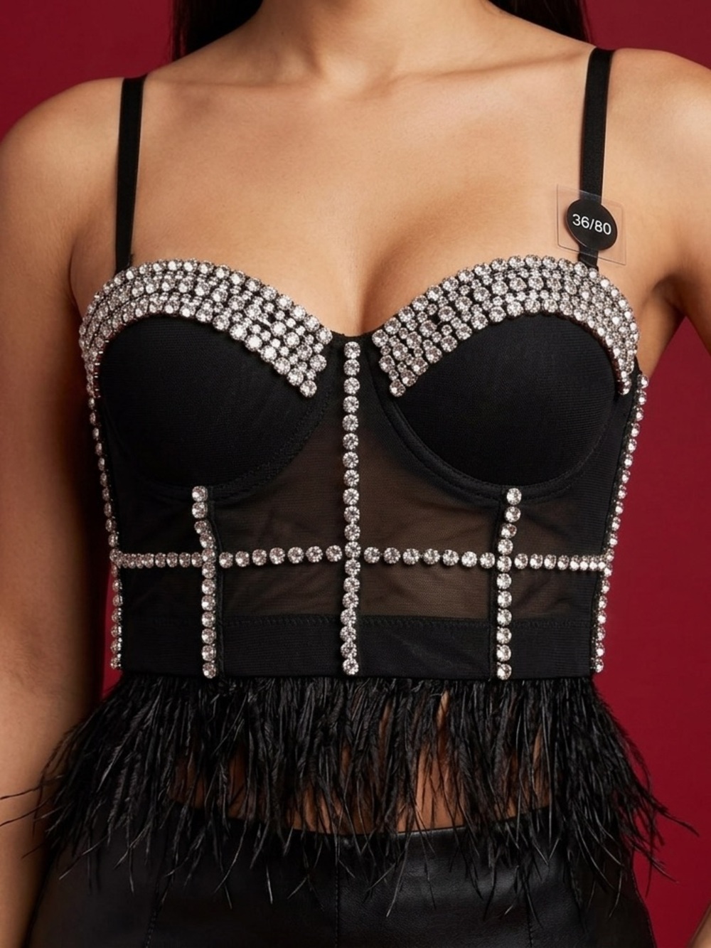 Black Rhinestone-Embellished Feather Hem Bustier Crop Top